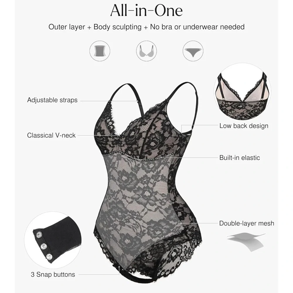 NWT Popilush Lace Shapewear Bodysuit Black V Neck Backless Thong Large - Picture 2 of 6